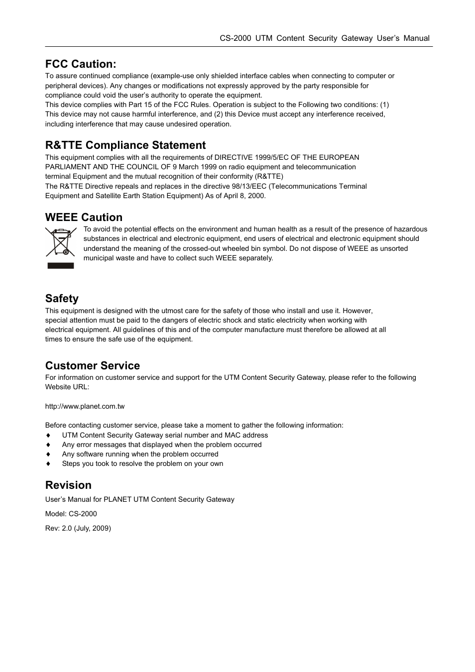 Fcc caution, R&tte compliance statement, Weee caution | Safety, Customer service, Revision | PLANET CS-2000 User Manual | Page 3 / 573