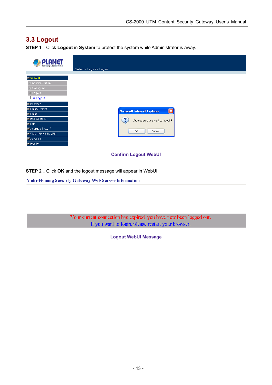 3 logout | PLANET CS-2000 User Manual | Page 49 / 573
