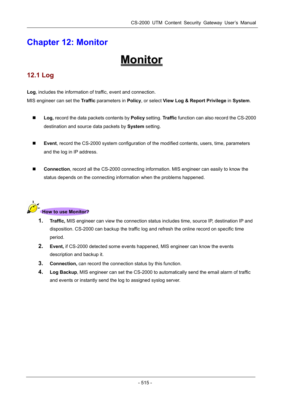 Chapter 12: monitor, 1 log | PLANET CS-2000 User Manual | Page 521 / 573