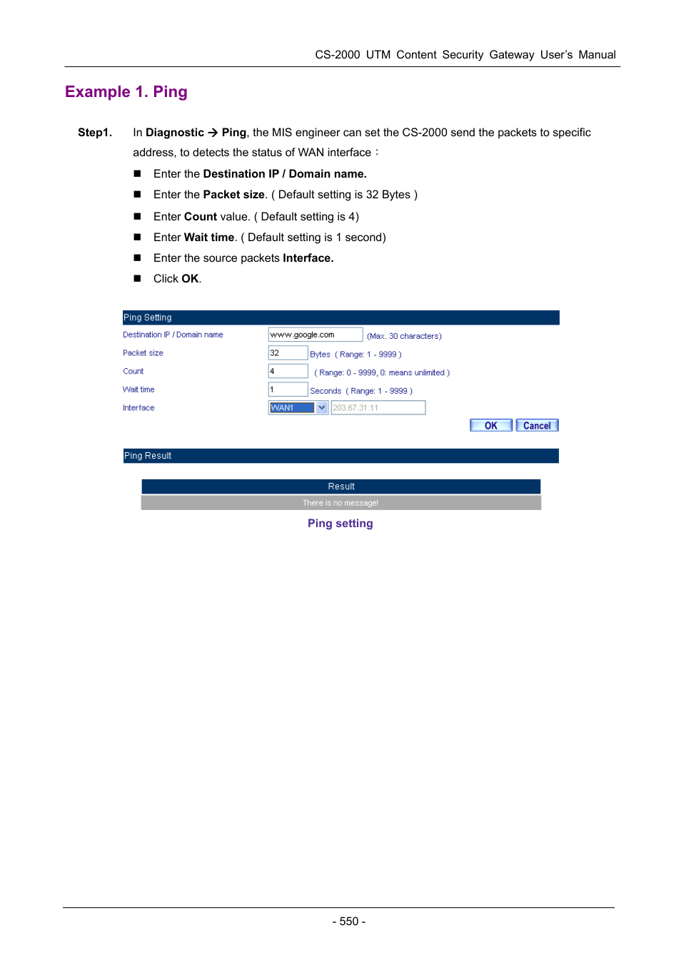 Example 1. ping | PLANET CS-2000 User Manual | Page 556 / 573
