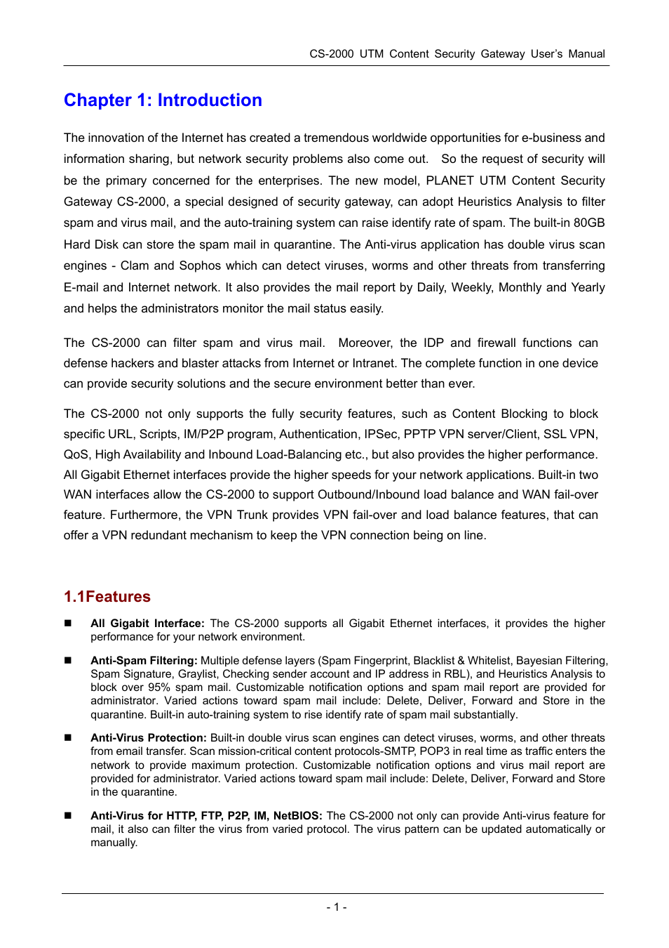 Chapter 1: introduction, 1 features | PLANET CS-2000 User Manual | Page 7 / 573