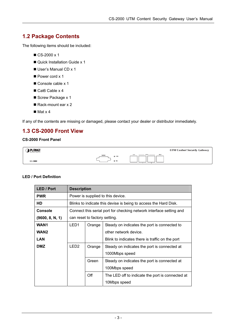 2 package contents, 3 cs-2000 front view | PLANET CS-2000 User Manual | Page 9 / 573