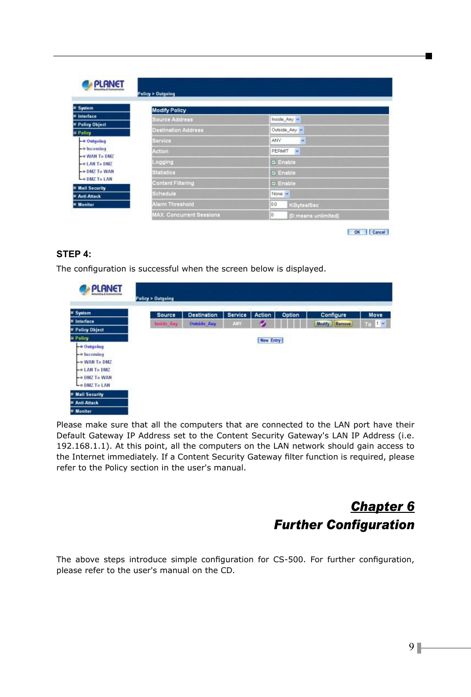 Further configuration, Chapter 6 further configuration | PLANET CS-500 User Manual | Page 11 / 12