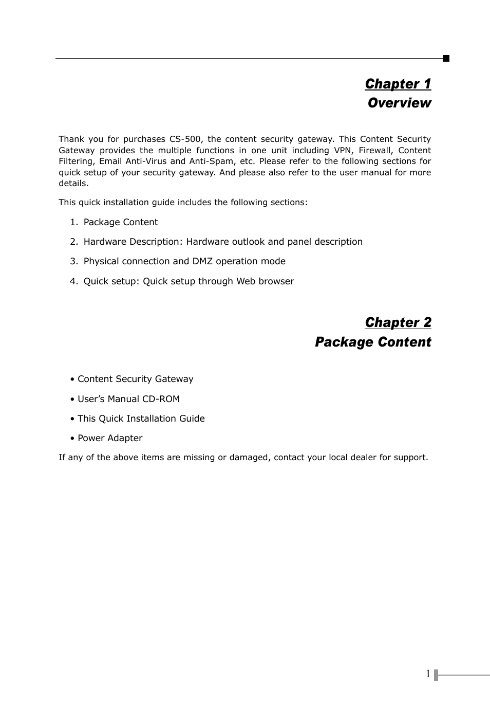 Overview, Package content, Chapter 1 overview | Chapter 2 package content | PLANET CS-500 User Manual | Page 3 / 12