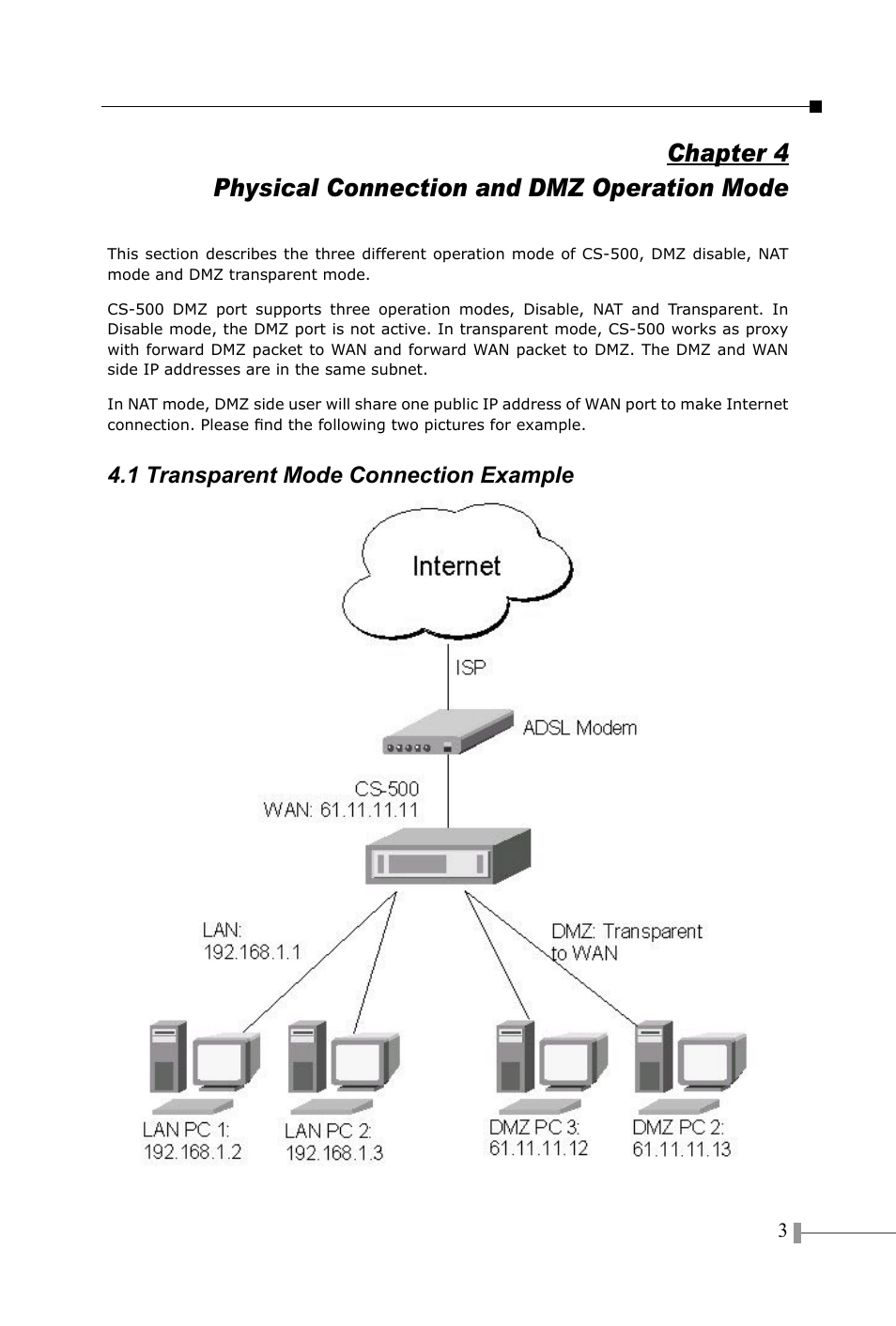 Physical connection and dmz operation mode, 1 transparent mode connection example | PLANET CS-500 User Manual | Page 5 / 12