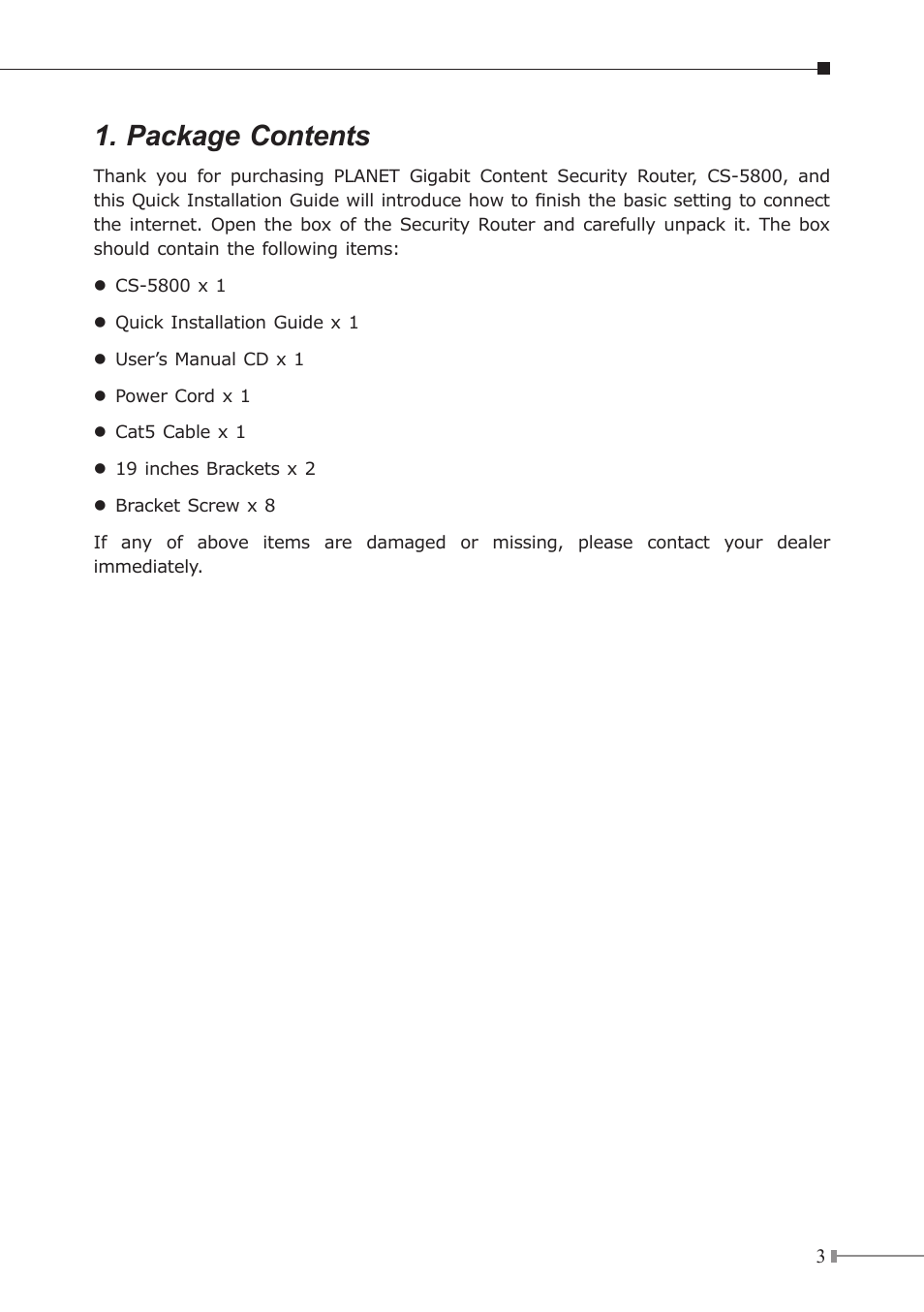 Package contents | PLANET CS-5800 User Manual | Page 3 / 12