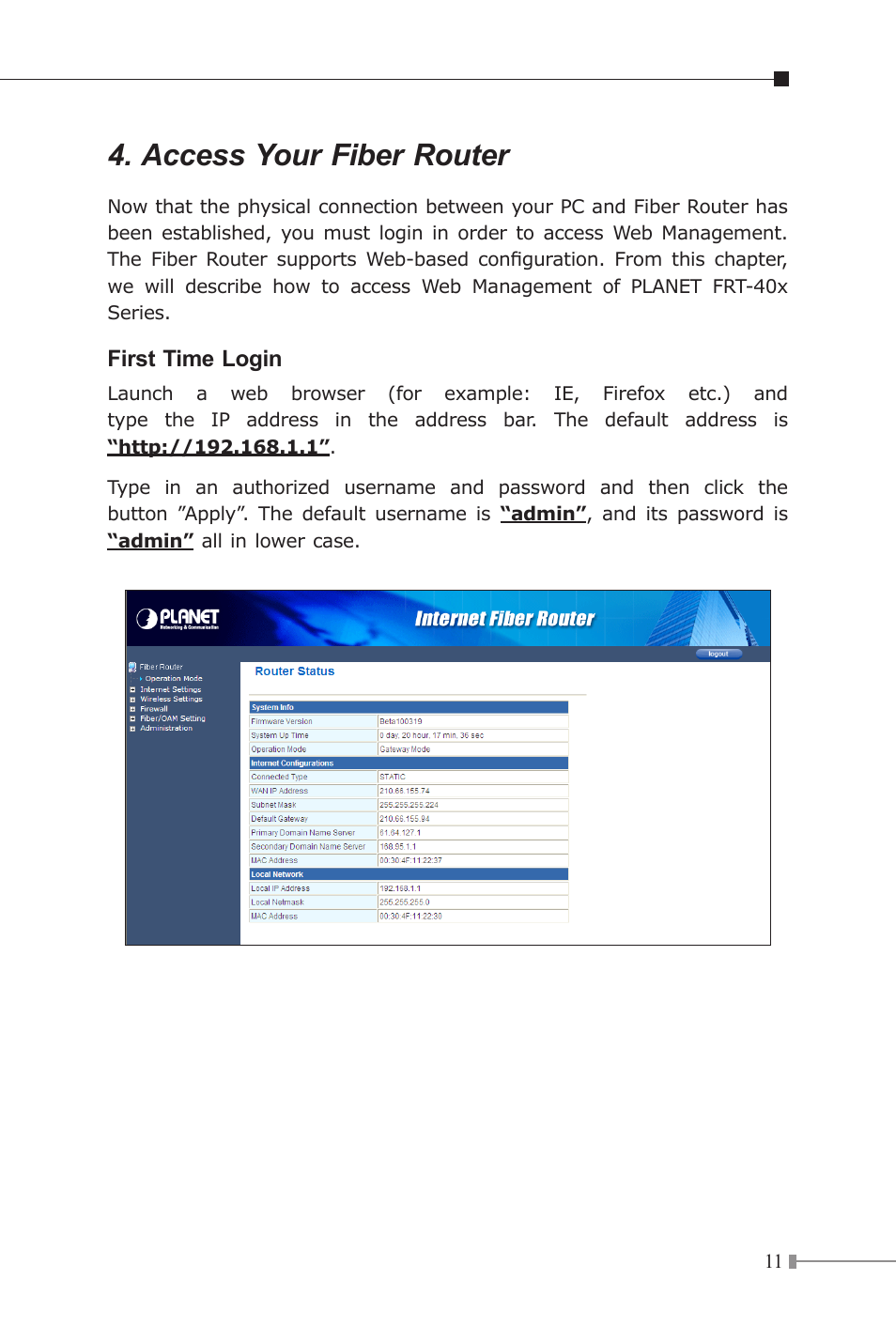 Access your fiber router | PLANET FRT-401 User Manual | Page 11 / 12