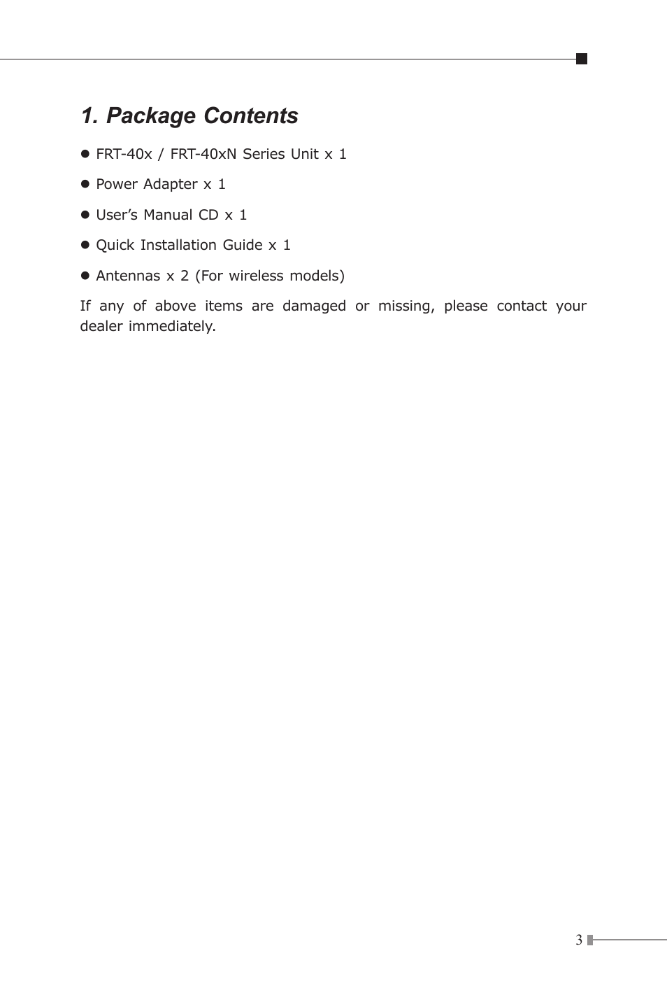 Package contents | PLANET FRT-401 User Manual | Page 3 / 12