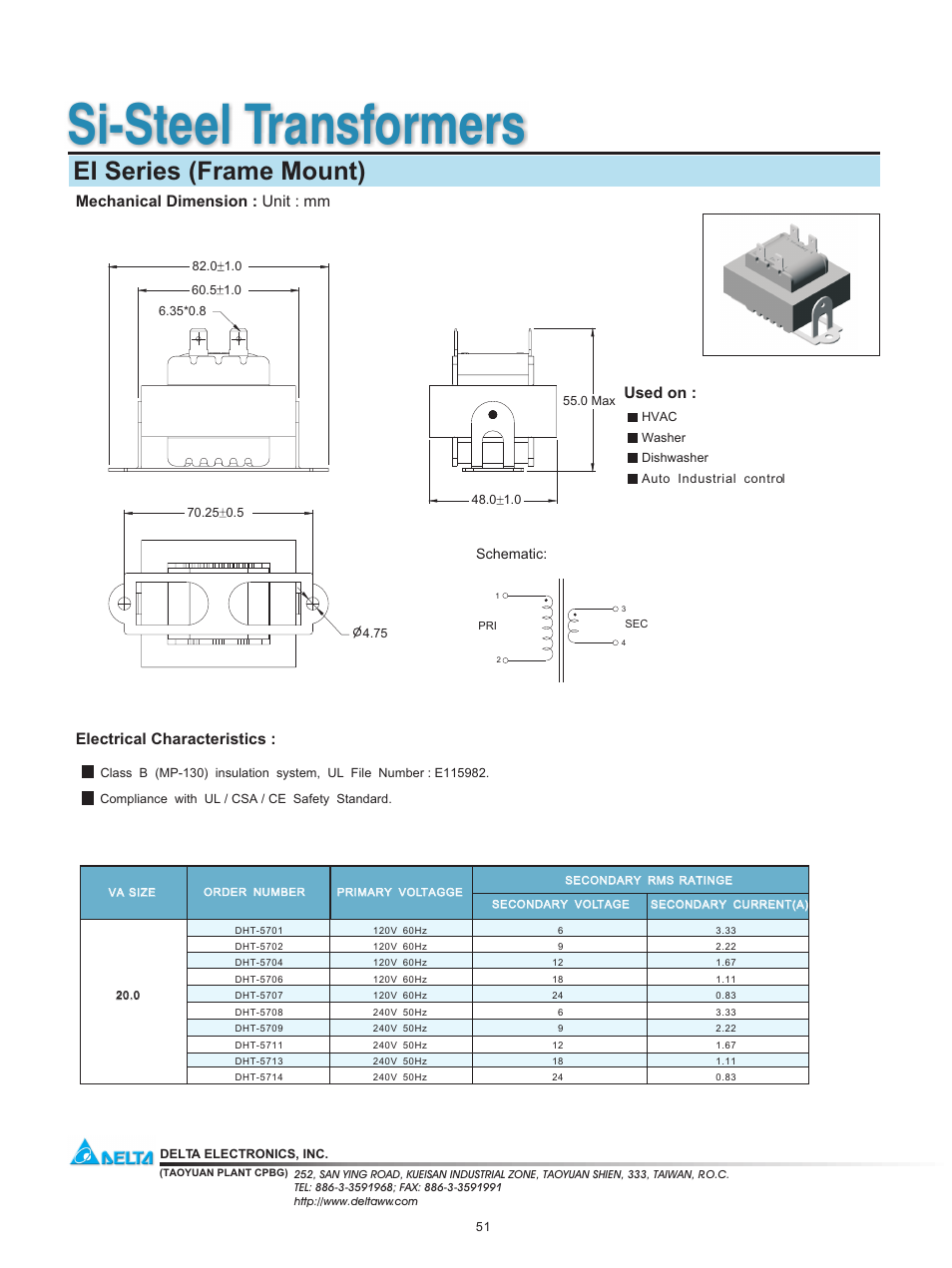 Delta Electronics Si-Steel Transformers EI Series User Manual | 1 page