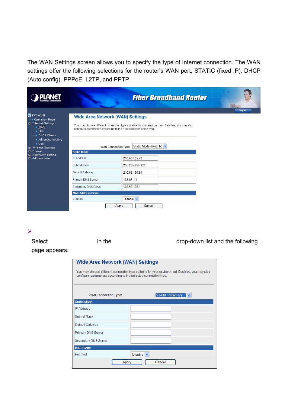 2 internet settings, 1 wan | PLANET FRT-401 User Manual | Page 25 / 76