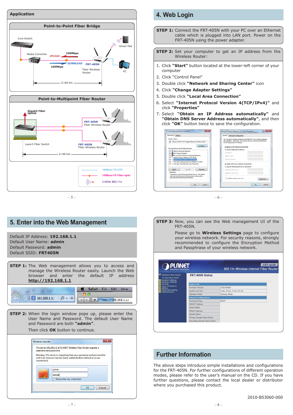 Web login 5. enter into the web management, Further information, Internet | PLANET FRT-405N User Manual | Page 2 / 2