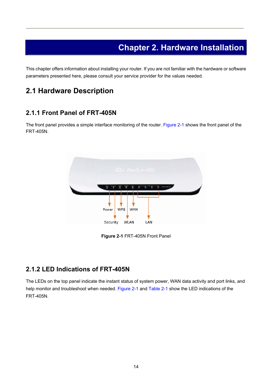 Chapter 2. hardware installation, 1 hardware description, 1 front panel of frt-405n | 2 led indications of frt-405n | PLANET FRT-405N User Manual | Page 14 / 108