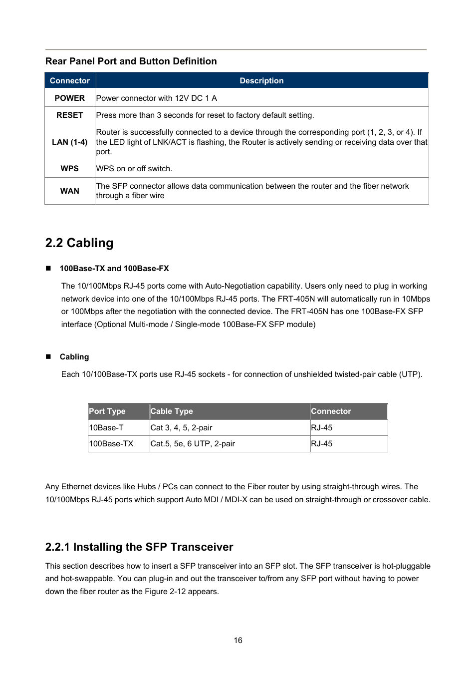 2 cabling, 1 installing the sfp transceiver | PLANET FRT-405N User Manual | Page 16 / 108