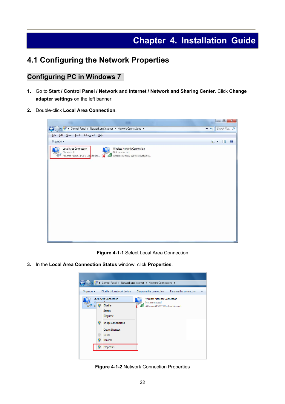 Chapter 4. installation guide, 1 configuring the network properties, Configuring pc in windows 7 | PLANET FRT-405N User Manual | Page 22 / 108