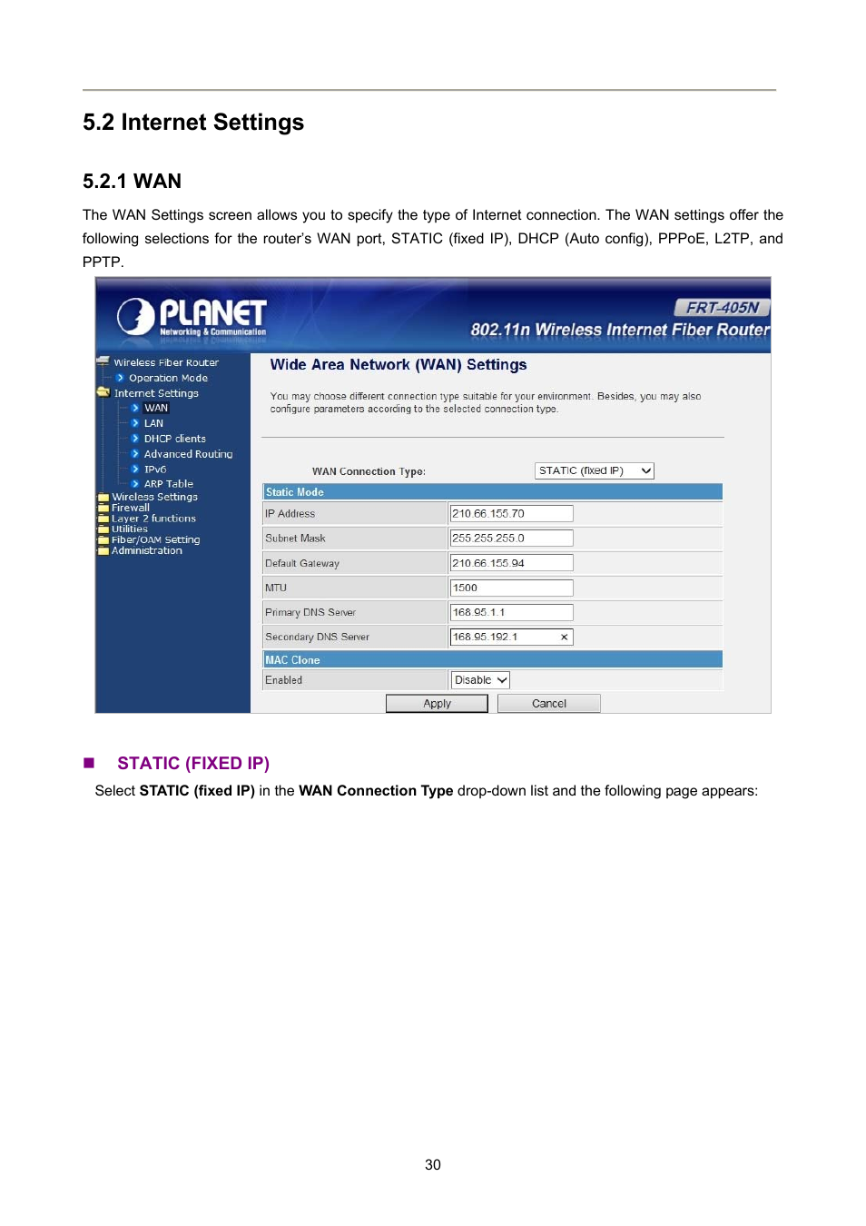 2 internet settings, 1 wan | PLANET FRT-405N User Manual | Page 30 / 108