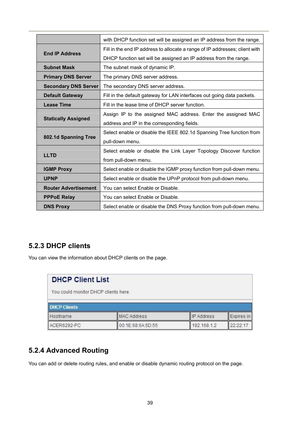 3 dhcp clients, 4 advanced routing | PLANET FRT-405N User Manual | Page 39 / 108