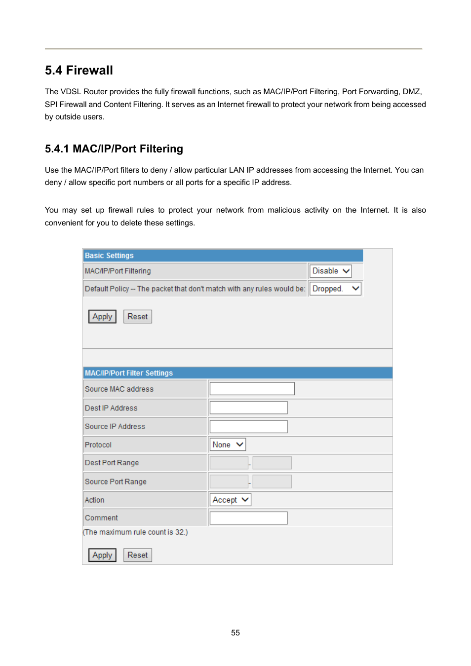 4 firewall, 1 mac/ip/port filtering | PLANET FRT-405N User Manual | Page 55 / 108