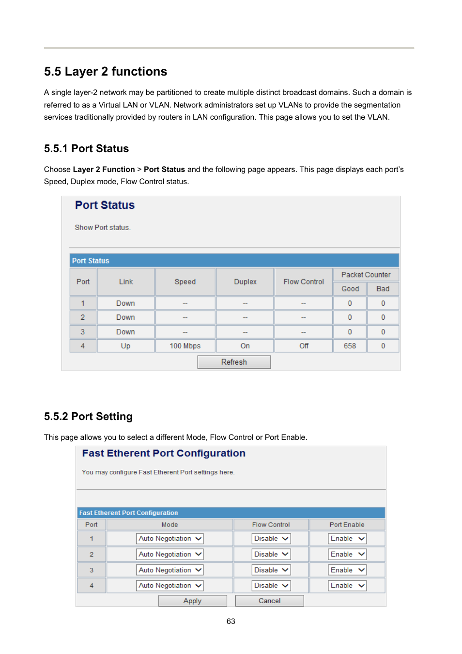 5 layer 2 functions, 1 port status, 2 port setting | PLANET FRT-405N User Manual | Page 63 / 108