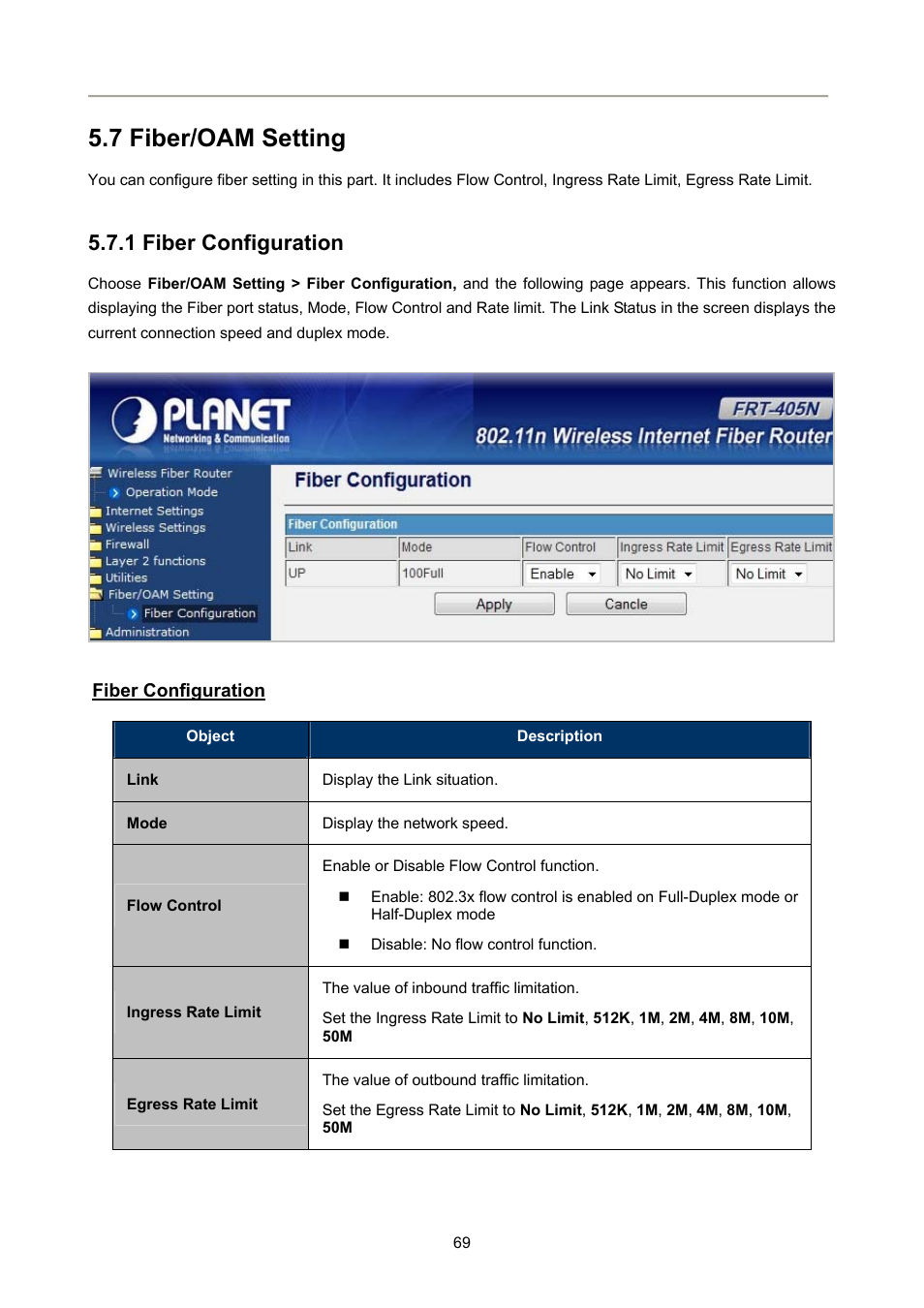 7 fiber/oam setting, 1 fiber configuration | PLANET FRT-405N User Manual | Page 69 / 108