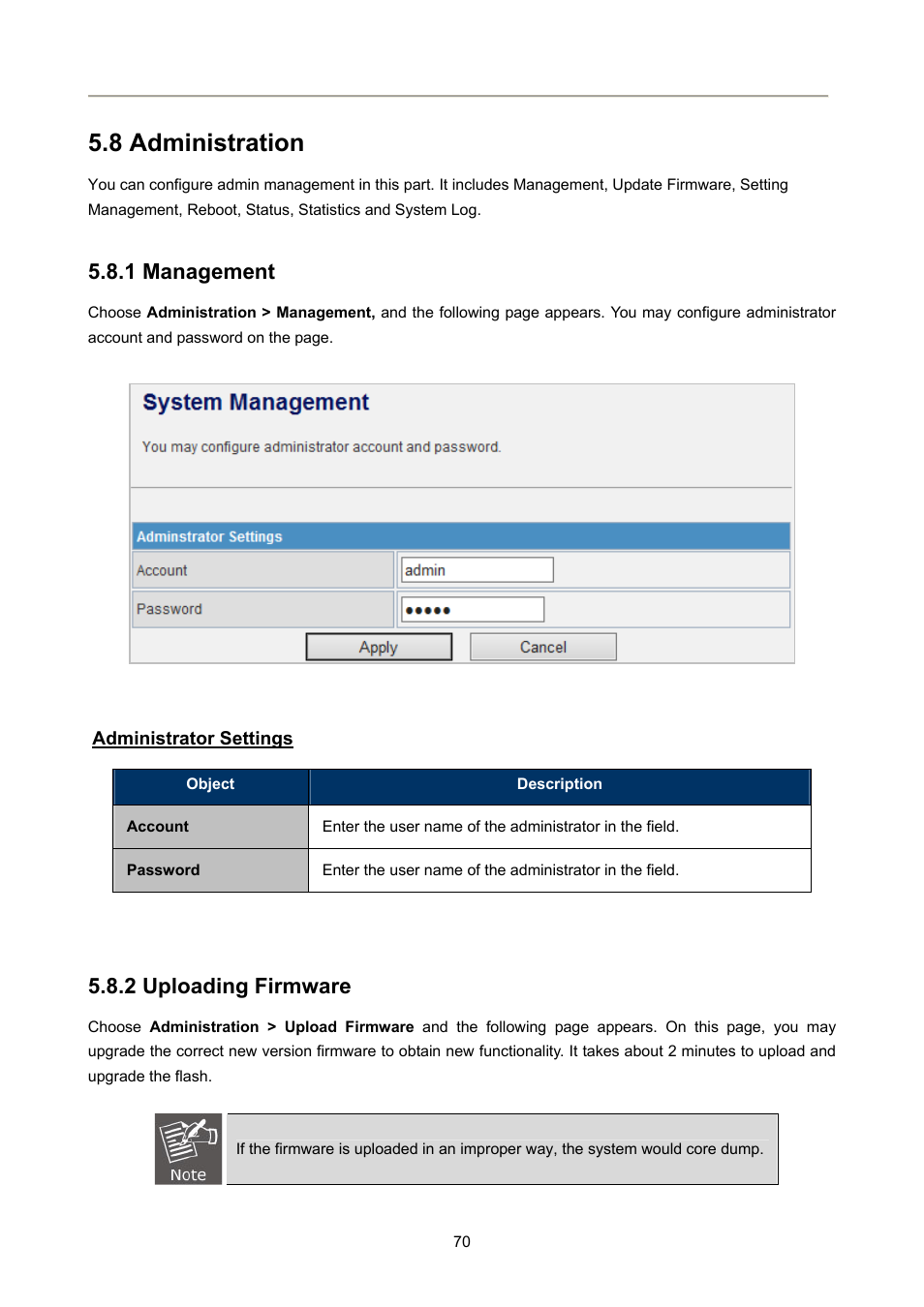 8 administration, 1 management, 2 uploading firmware | PLANET FRT-405N User Manual | Page 70 / 108