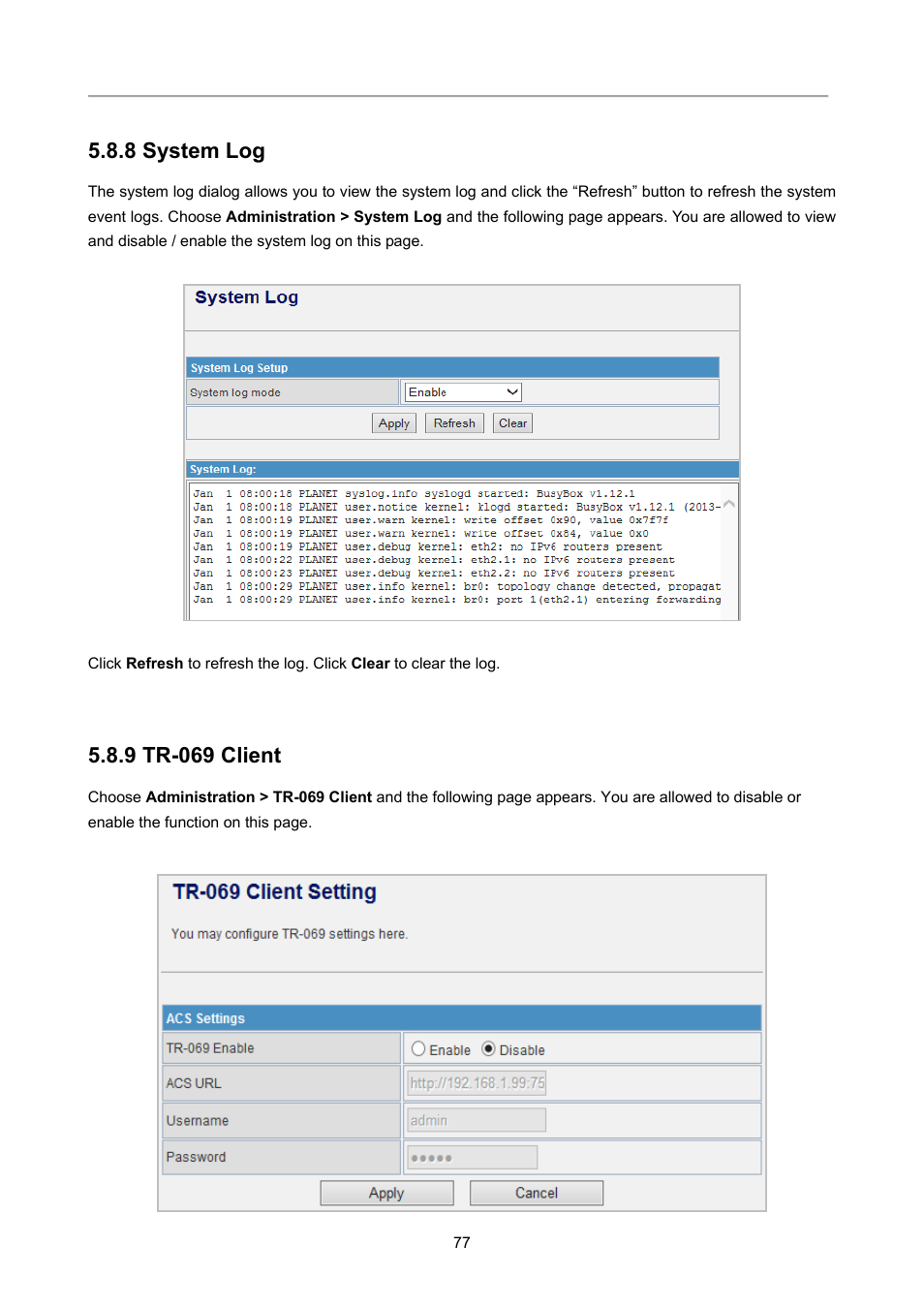 8 system log, 9 tr-069 client | PLANET FRT-405N User Manual | Page 77 / 108