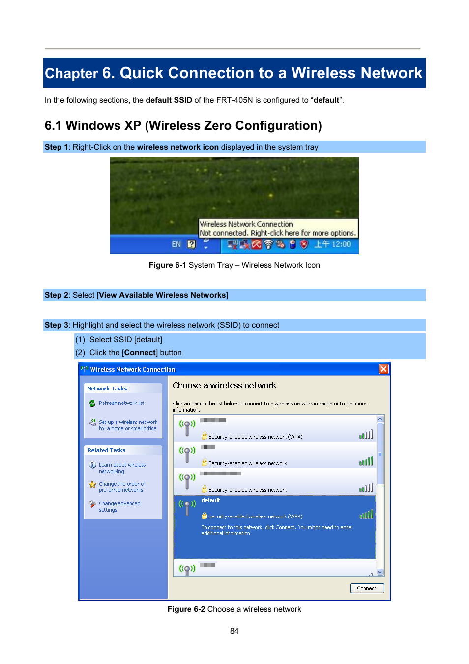 Chapter 6. quick connection to a wireless network, 1 windows xp (wireless zero configuration), Quick connection to a wireless network | Chapter | PLANET FRT-405N User Manual | Page 84 / 108