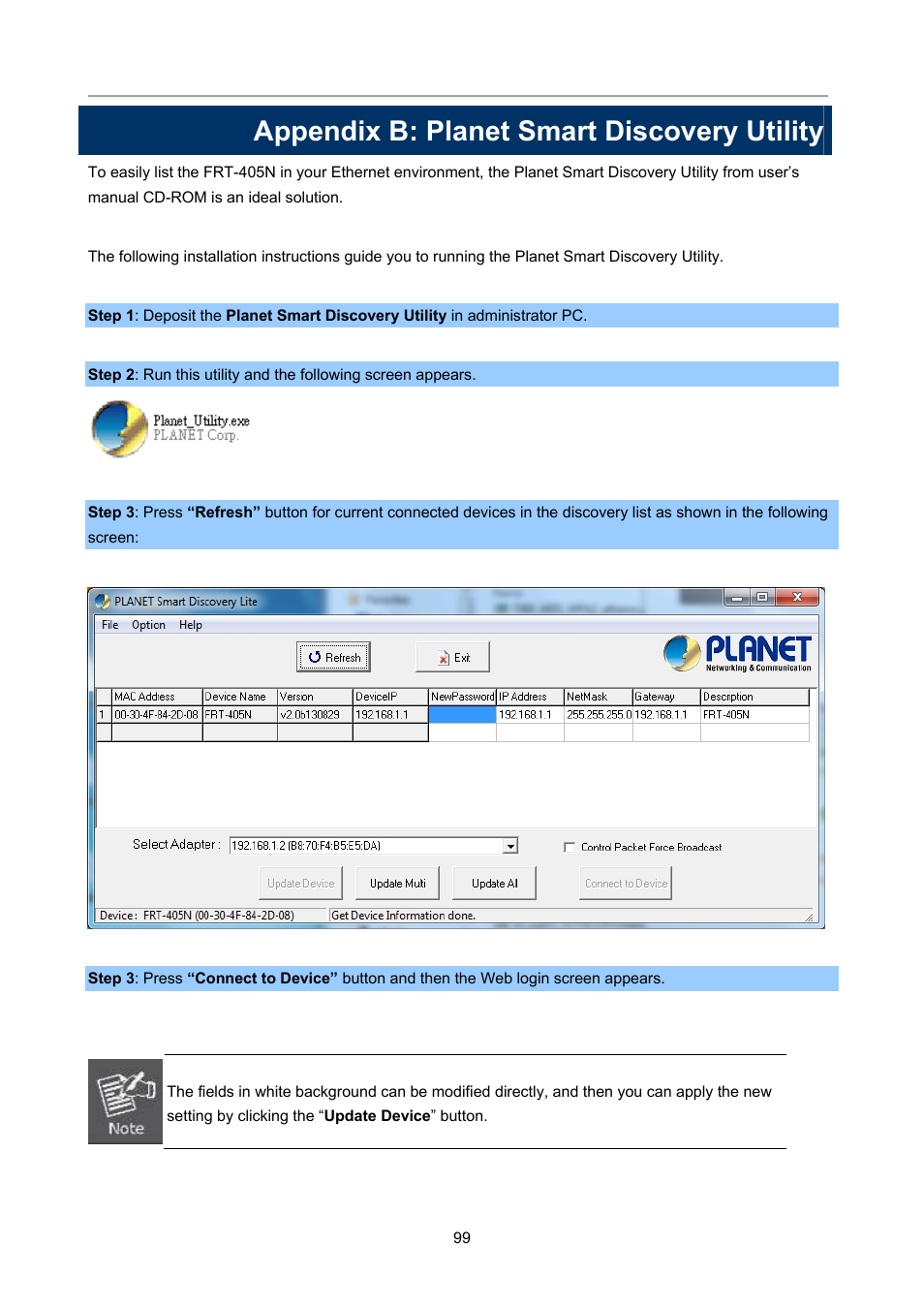 Appendix b: planet smart discovery utility | PLANET FRT-405N User Manual | Page 99 / 108