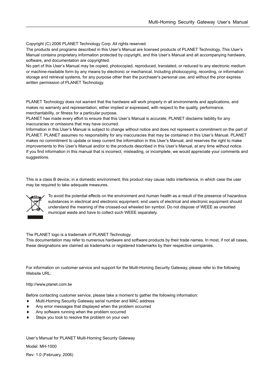 Copyright, Disclaimer, Ce mark warning | Trademarks, Customer service, Revision | PLANET MH-1000 User Manual | Page 2 / 141