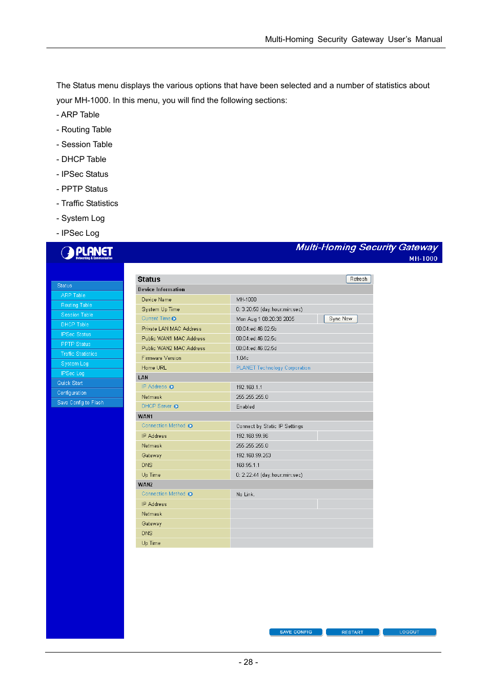 2 status, Tatus | PLANET MH-1000 User Manual | Page 32 / 141
