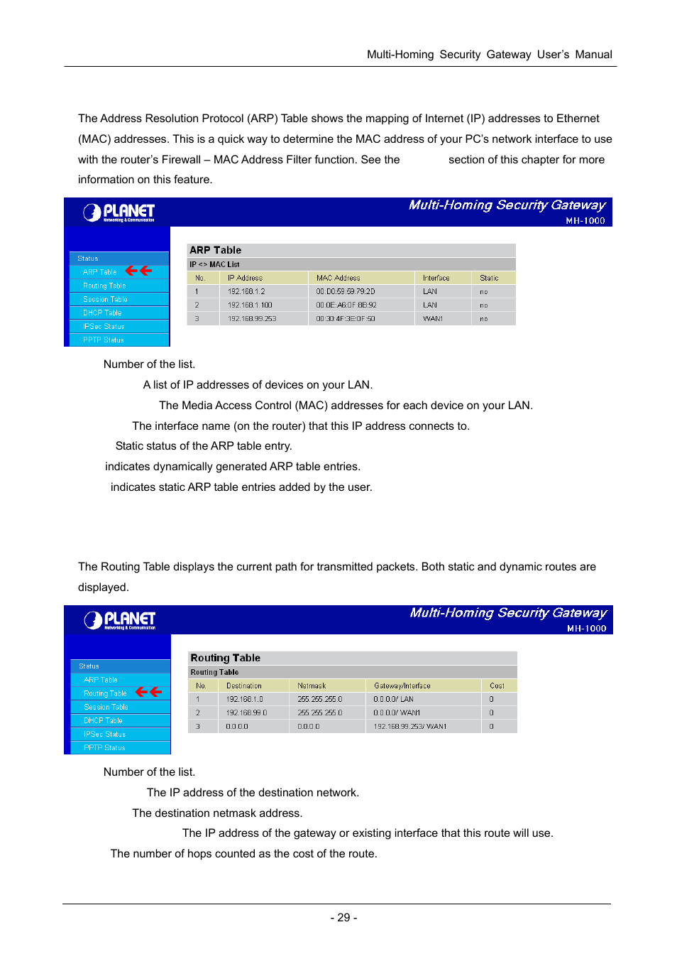 1 arp table, 2 routing table | PLANET MH-1000 User Manual | Page 33 / 141