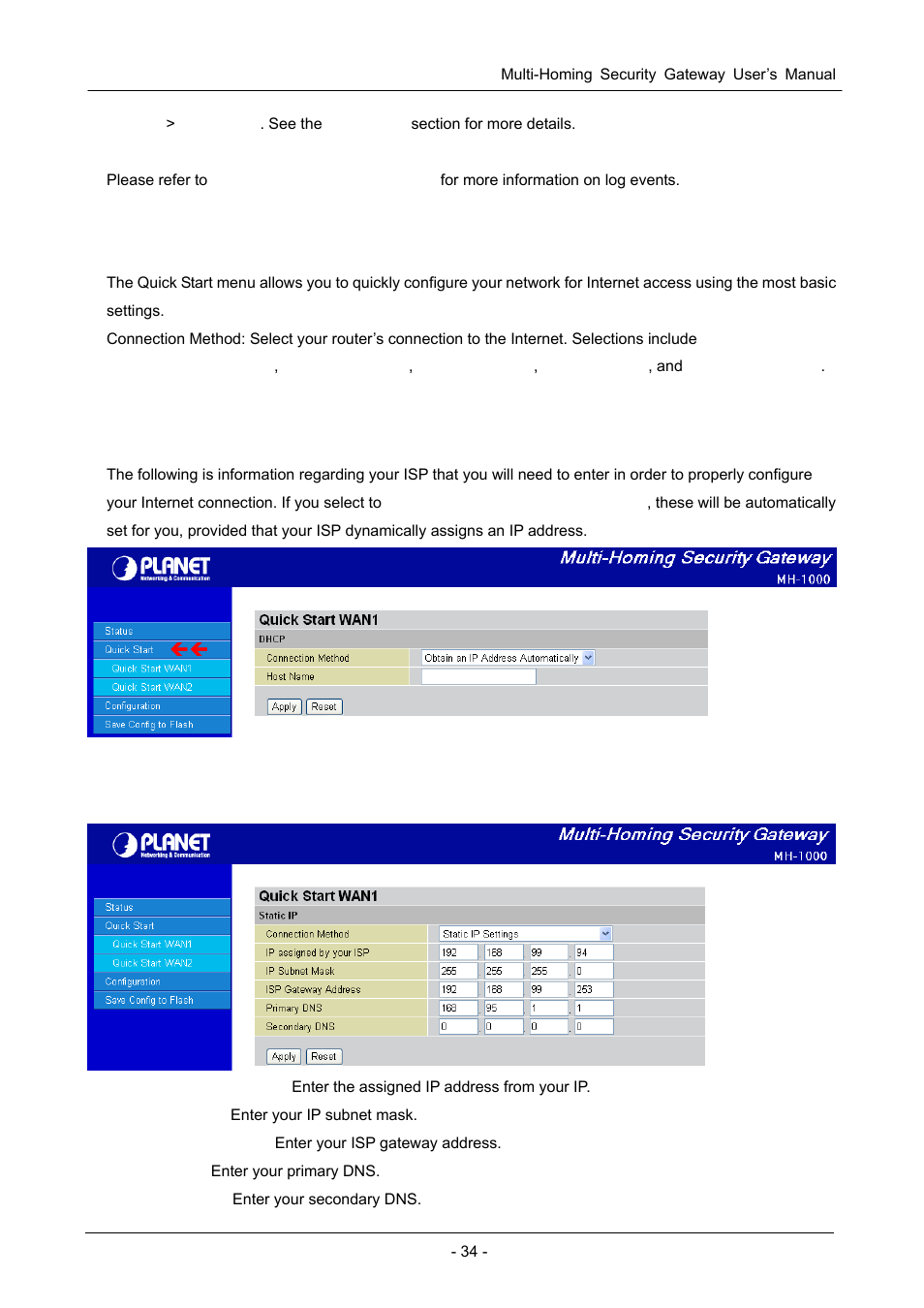 3 quick start, 1 dhcp, 2 static ip | Uick, Tart | PLANET MH-1000 User Manual | Page 38 / 141
