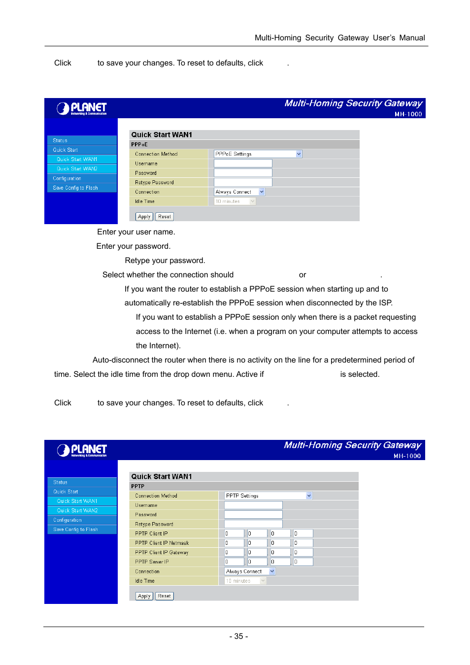 3 pppoe, 4 pptp | PLANET MH-1000 User Manual | Page 39 / 141