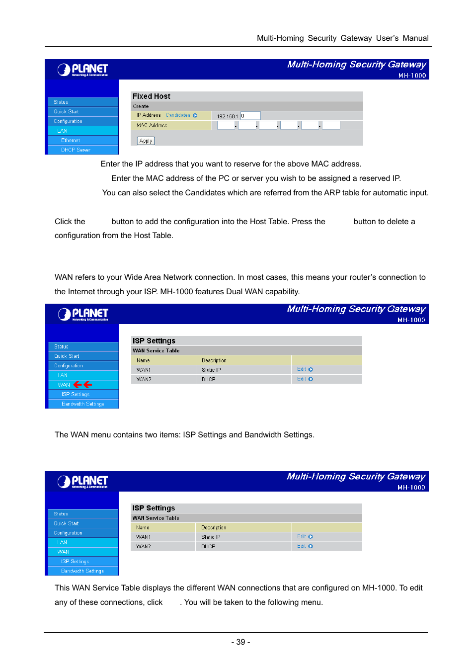 2 wan, 1 isp settings | PLANET MH-1000 User Manual | Page 43 / 141