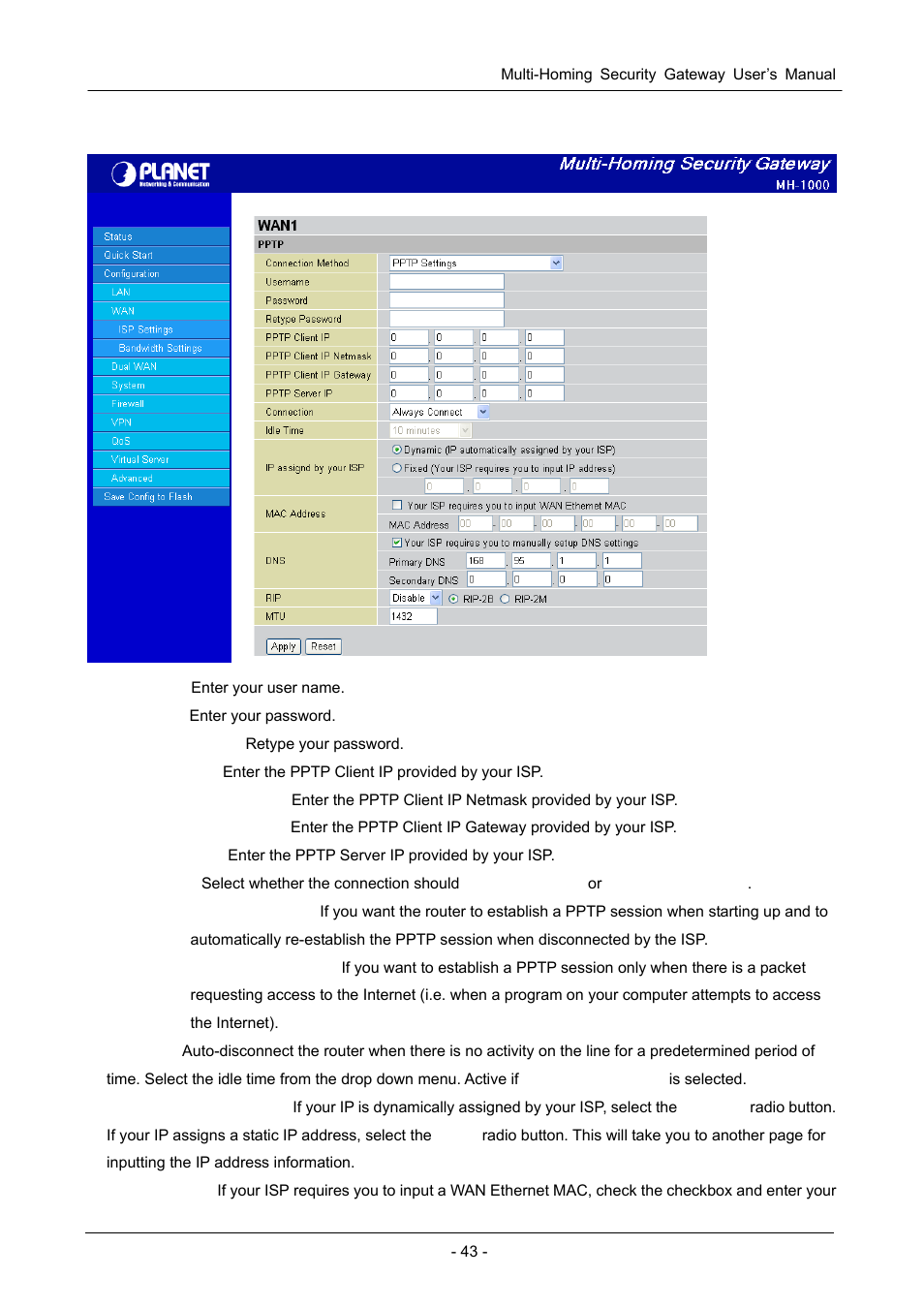 4 pptp settings | PLANET MH-1000 User Manual | Page 47 / 141