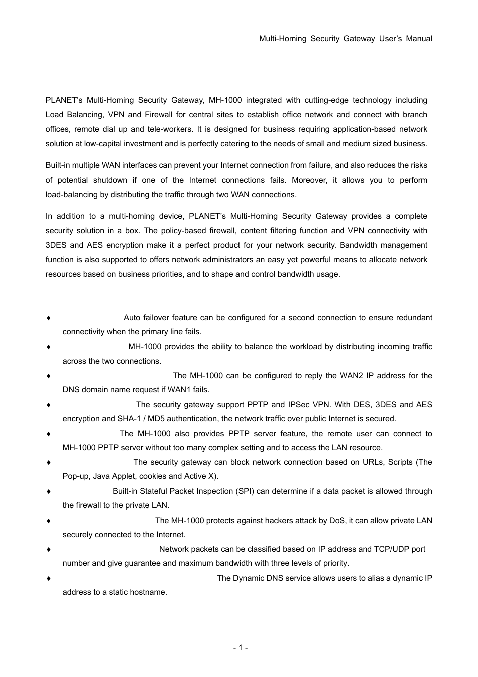 Chapter 1: introduction, 1 features, Eatures | PLANET MH-1000 User Manual | Page 5 / 141