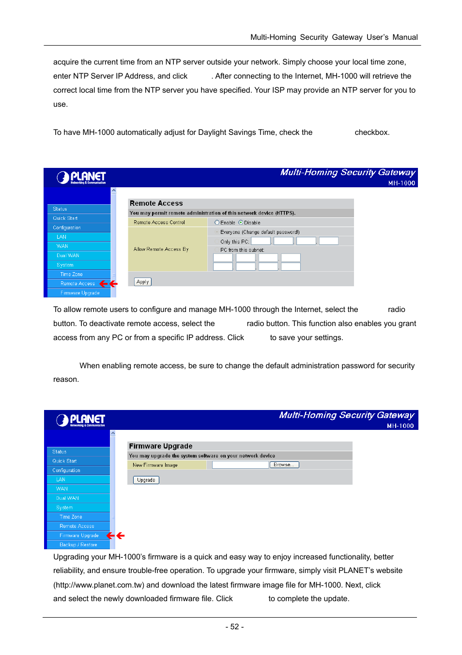 2 remote access, 3 firmware upgrade | PLANET MH-1000 User Manual | Page 56 / 141