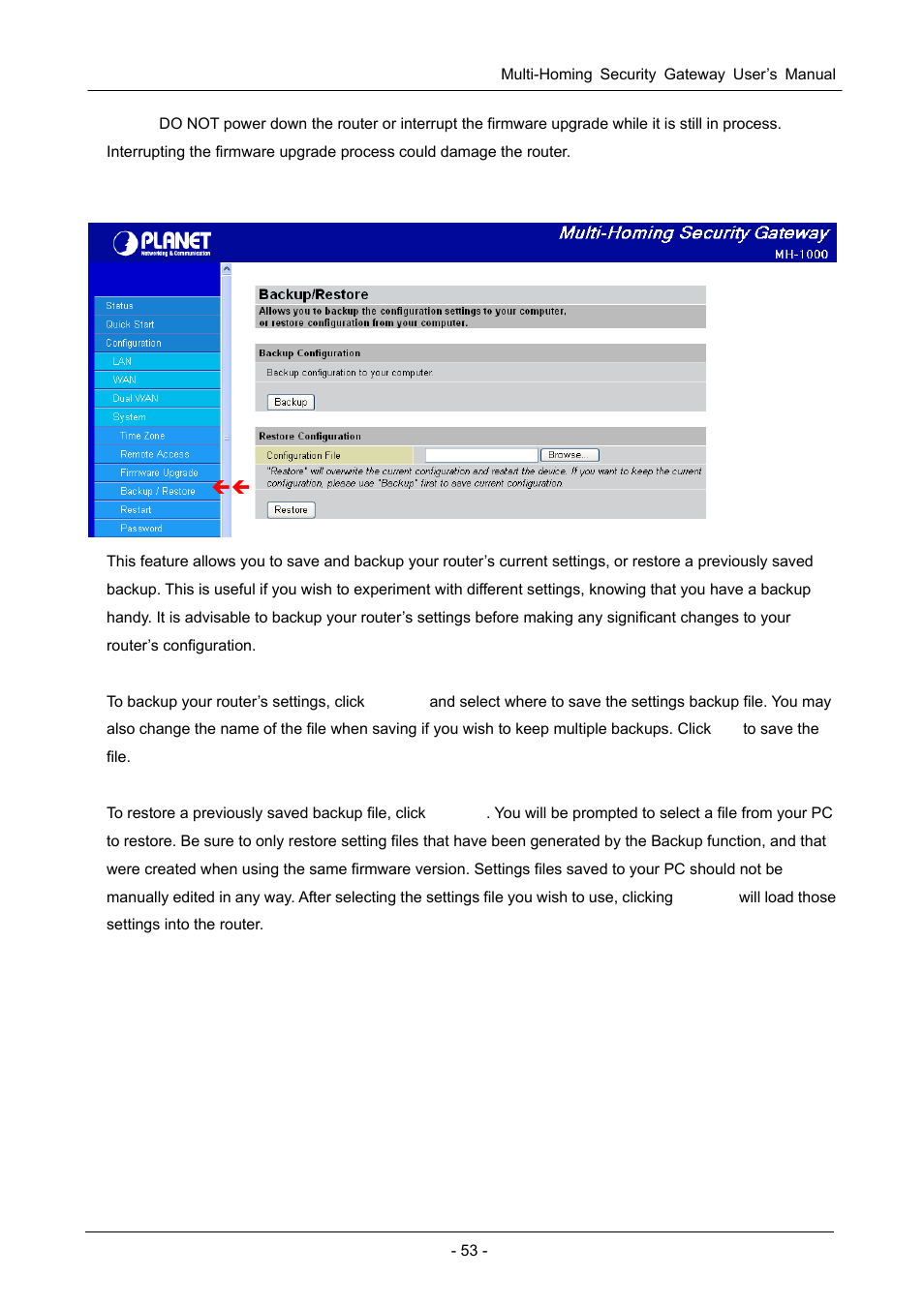 4 backup / restore, 5 restart | PLANET MH-1000 User Manual | Page 57 / 141