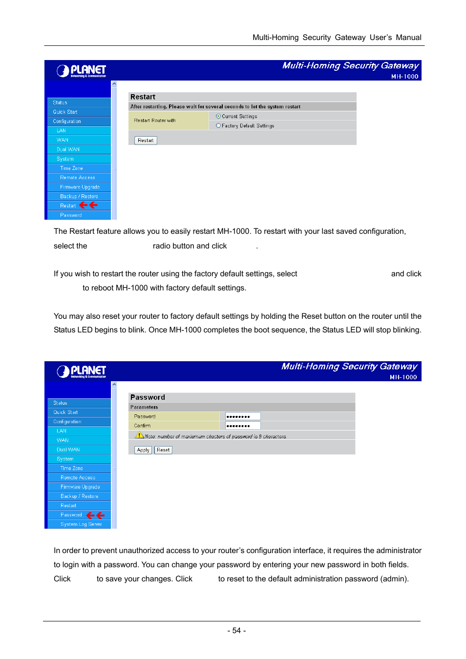 6 password | PLANET MH-1000 User Manual | Page 58 / 141