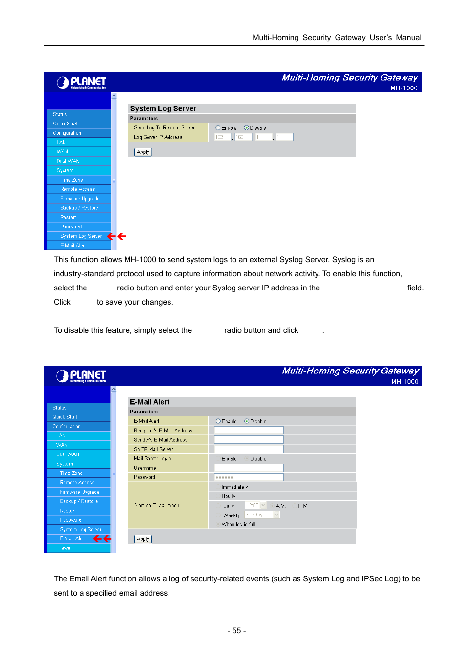 7 system log server, 8 e-mail alert | PLANET MH-1000 User Manual | Page 59 / 141