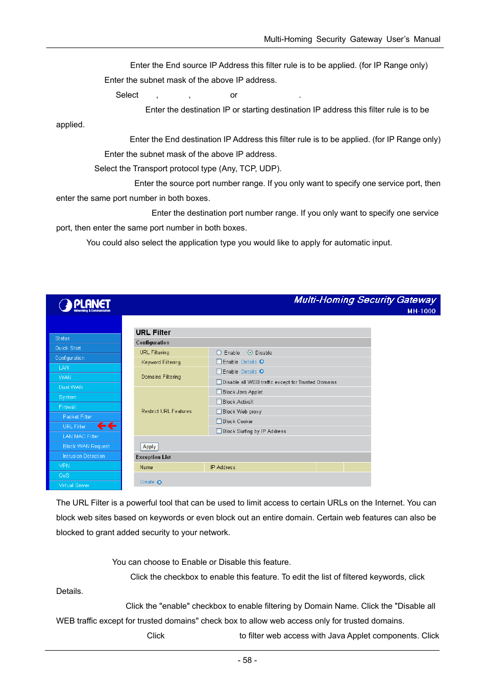 2 url filter | PLANET MH-1000 User Manual | Page 62 / 141