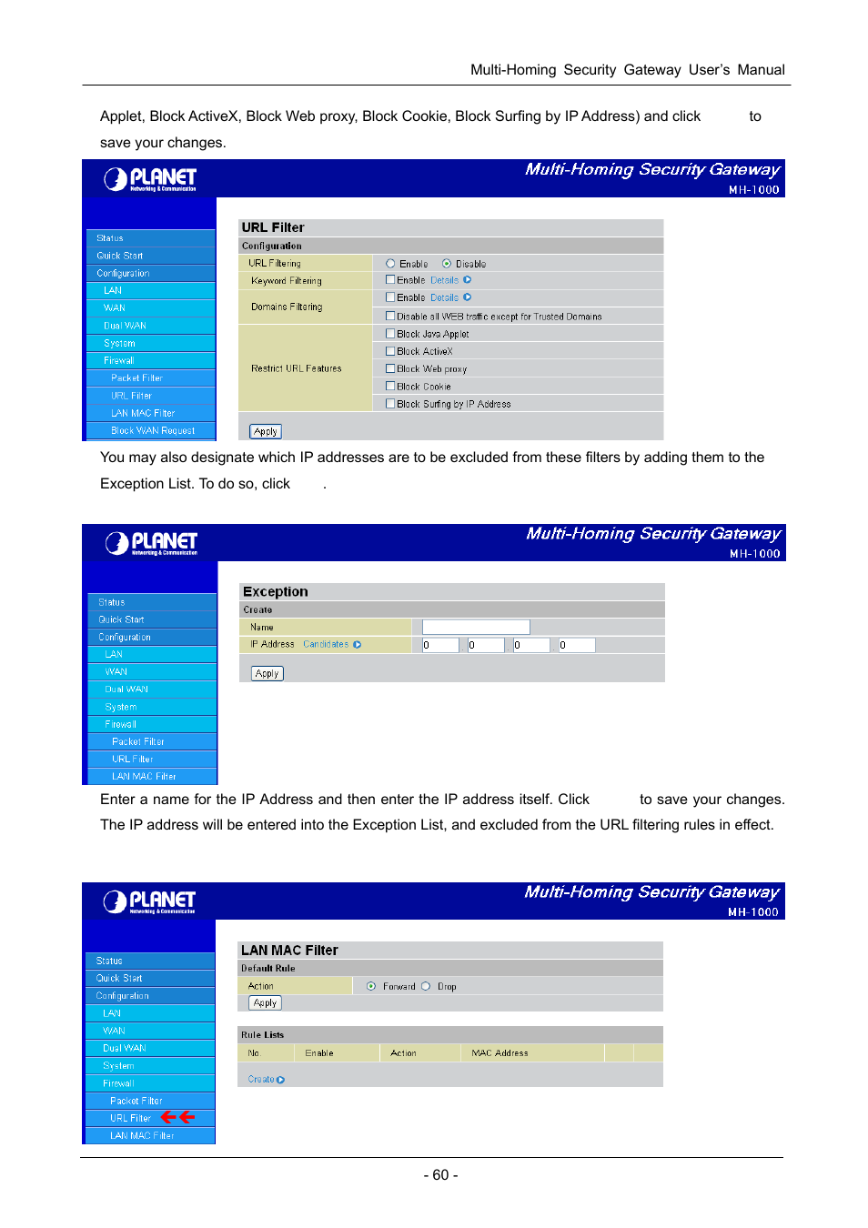 3 lan mac filter | PLANET MH-1000 User Manual | Page 64 / 141