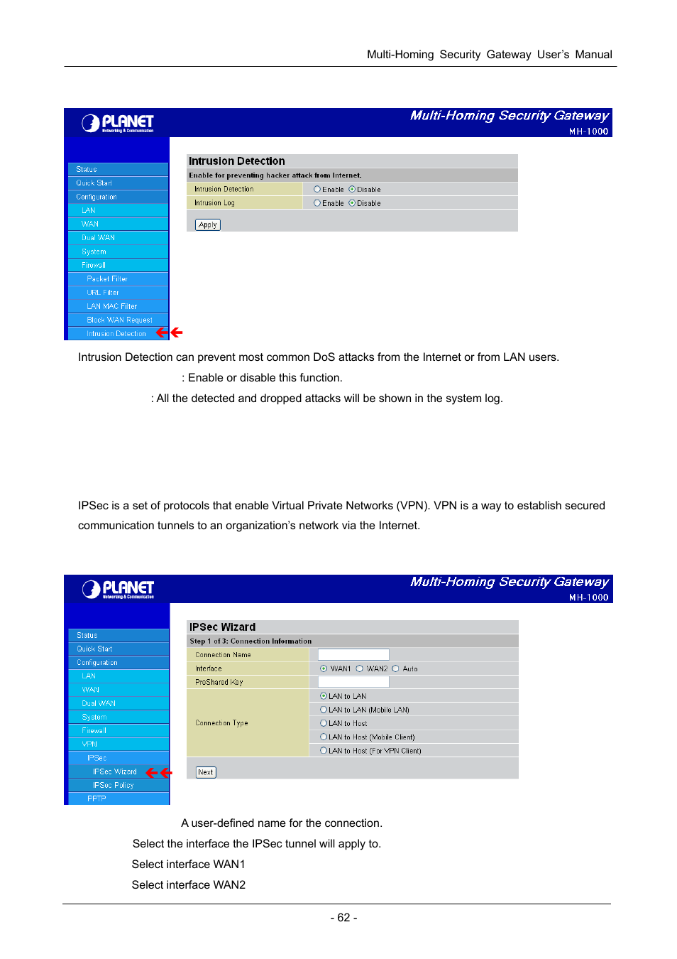 5 intrusion detection, 6 vpn, 1 ipsec | 1 ipsec wizard | PLANET MH-1000 User Manual | Page 66 / 141
