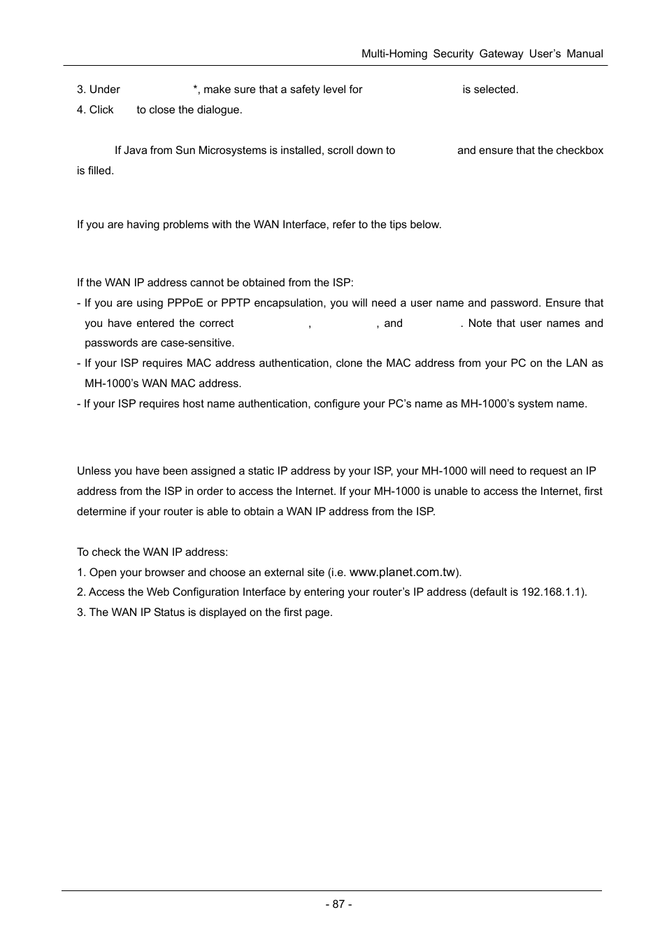 3 wan interface, 1 can’t get wan ip address from the isp, 4 isp connection | Nterface, Onnection | PLANET MH-1000 User Manual | Page 91 / 141