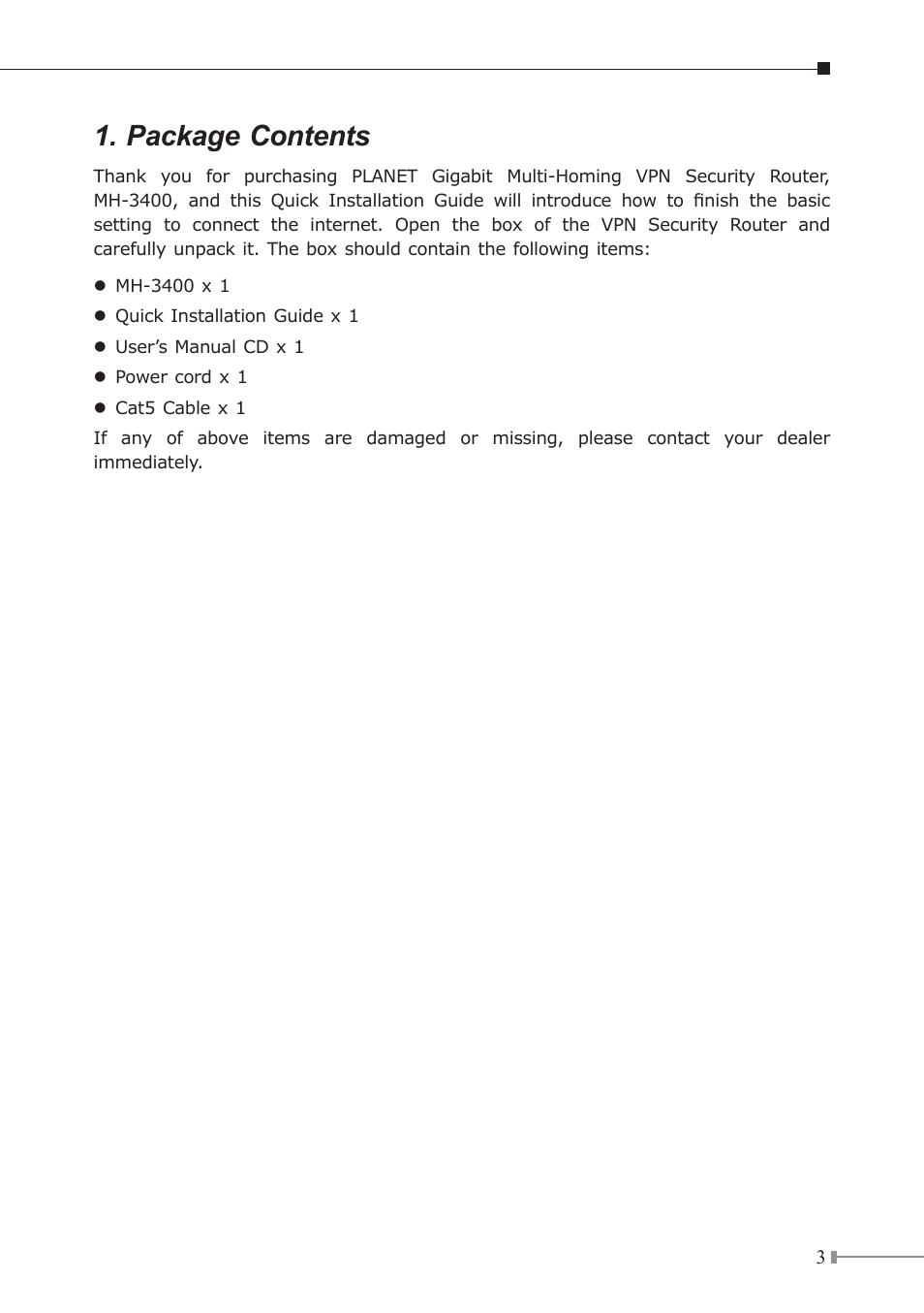 Package contents | PLANET MH-3400 User Manual | Page 3 / 12