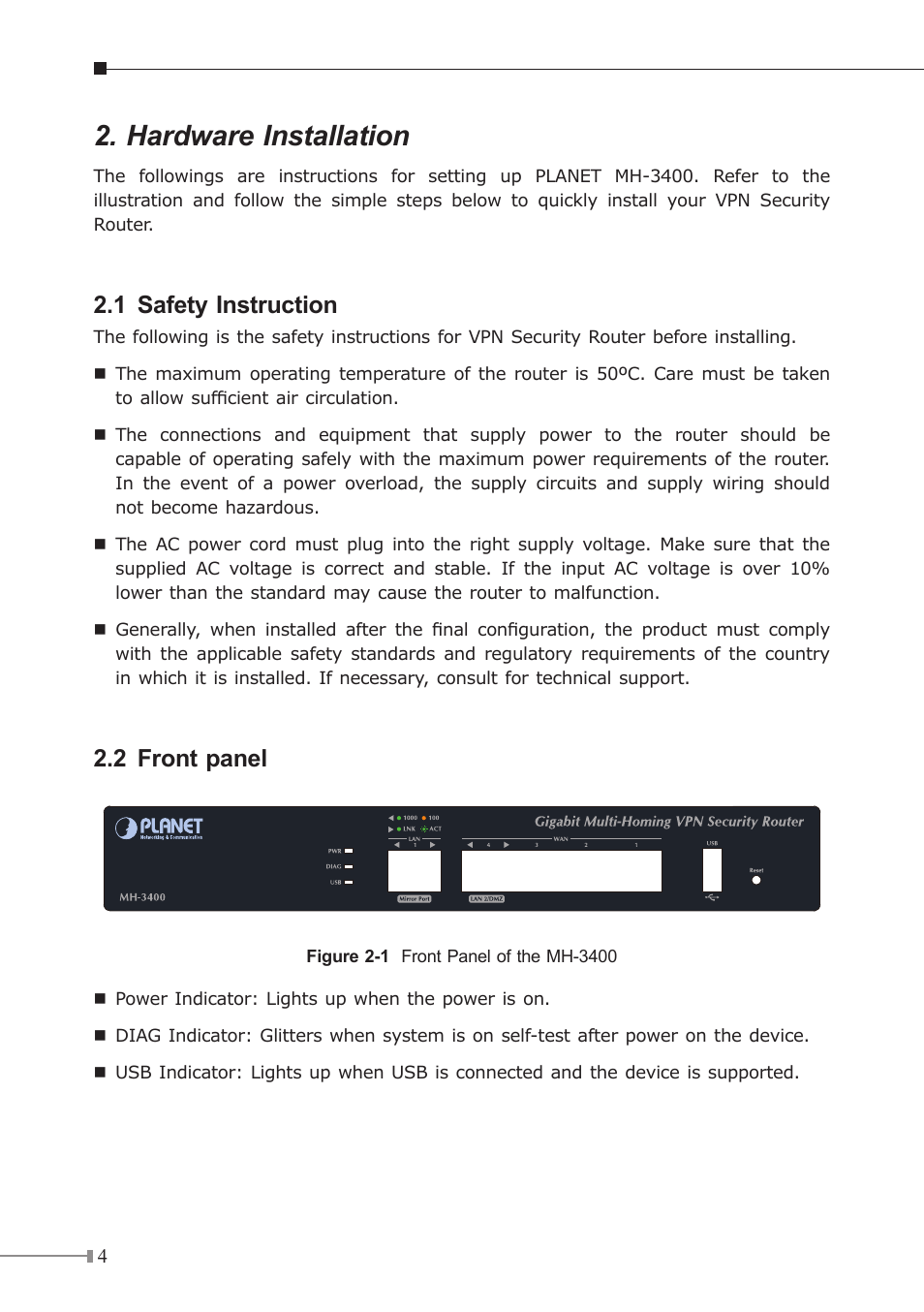 Hardware installation, 1 safety instruction, 2 front panel | PLANET MH-3400 User Manual | Page 4 / 12