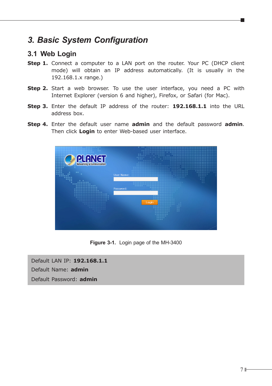 Basic system configuration, 1 web login | PLANET MH-3400 User Manual | Page 7 / 12