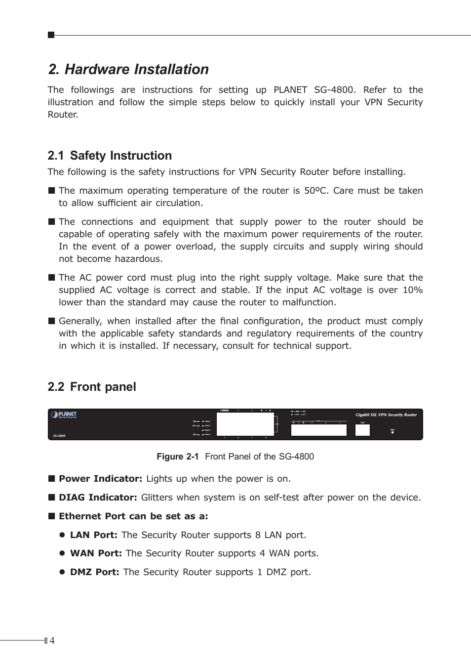 Hardware installation, 1 safety instruction, 2 front panel | PLANET SG-4800 User Manual | Page 4 / 12