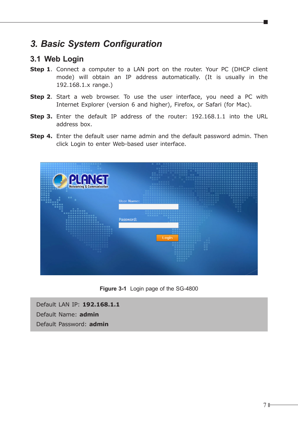 Basic system configuration, 1 web login | PLANET SG-4800 User Manual | Page 7 / 12