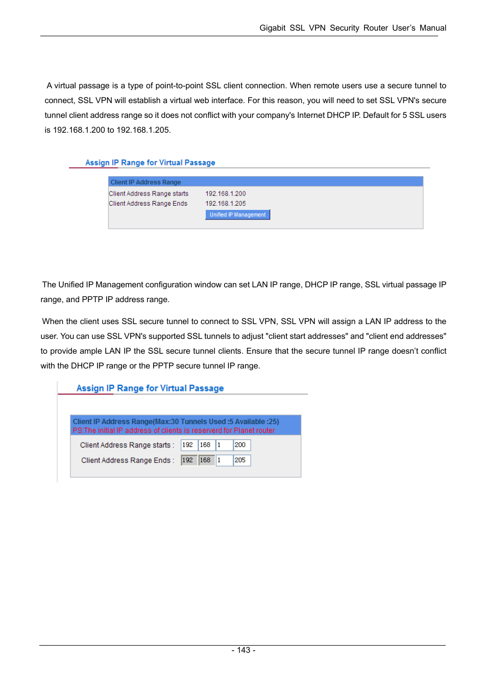 1 assign ip range for virtual passage, Assign ip range for virtual passage | PLANET SG-4800 User Manual | Page 149 / 182