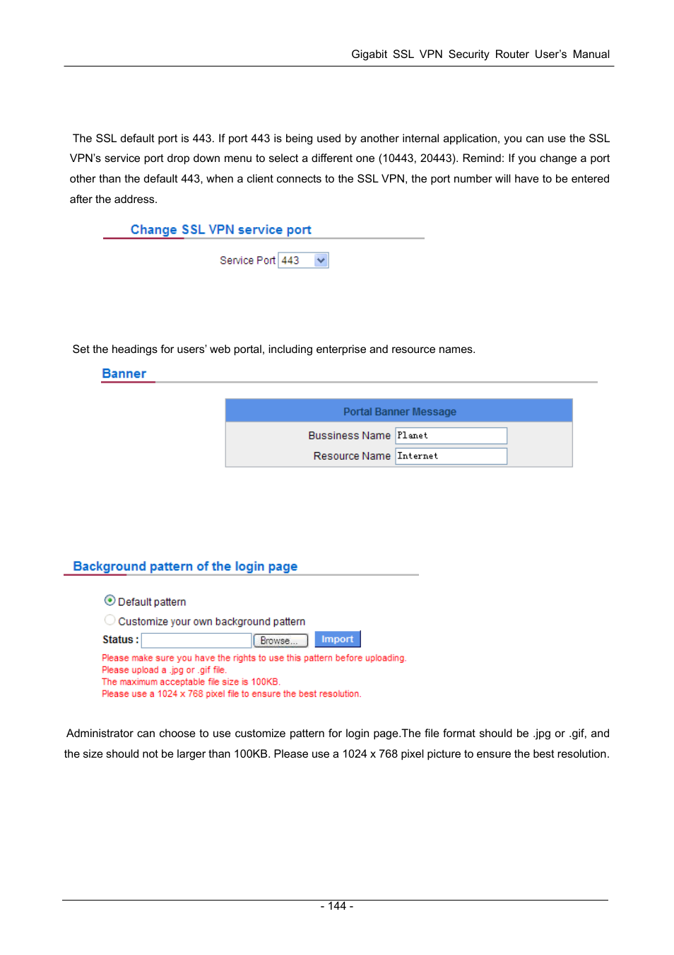 2 change ssl vpn service port, 3 banner | PLANET SG-4800 User Manual | Page 150 / 182